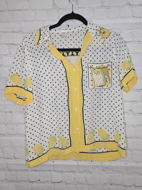 Vtg Jendo Silk Lemon Sun Print Polka Dot Blouse Whimsical Novelty CottageCore